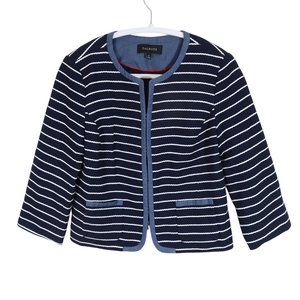 TALBOTS Size 4 Cotton Navy White Stripe Chambray Trim Nautical 3/4 Sleeve Jacket